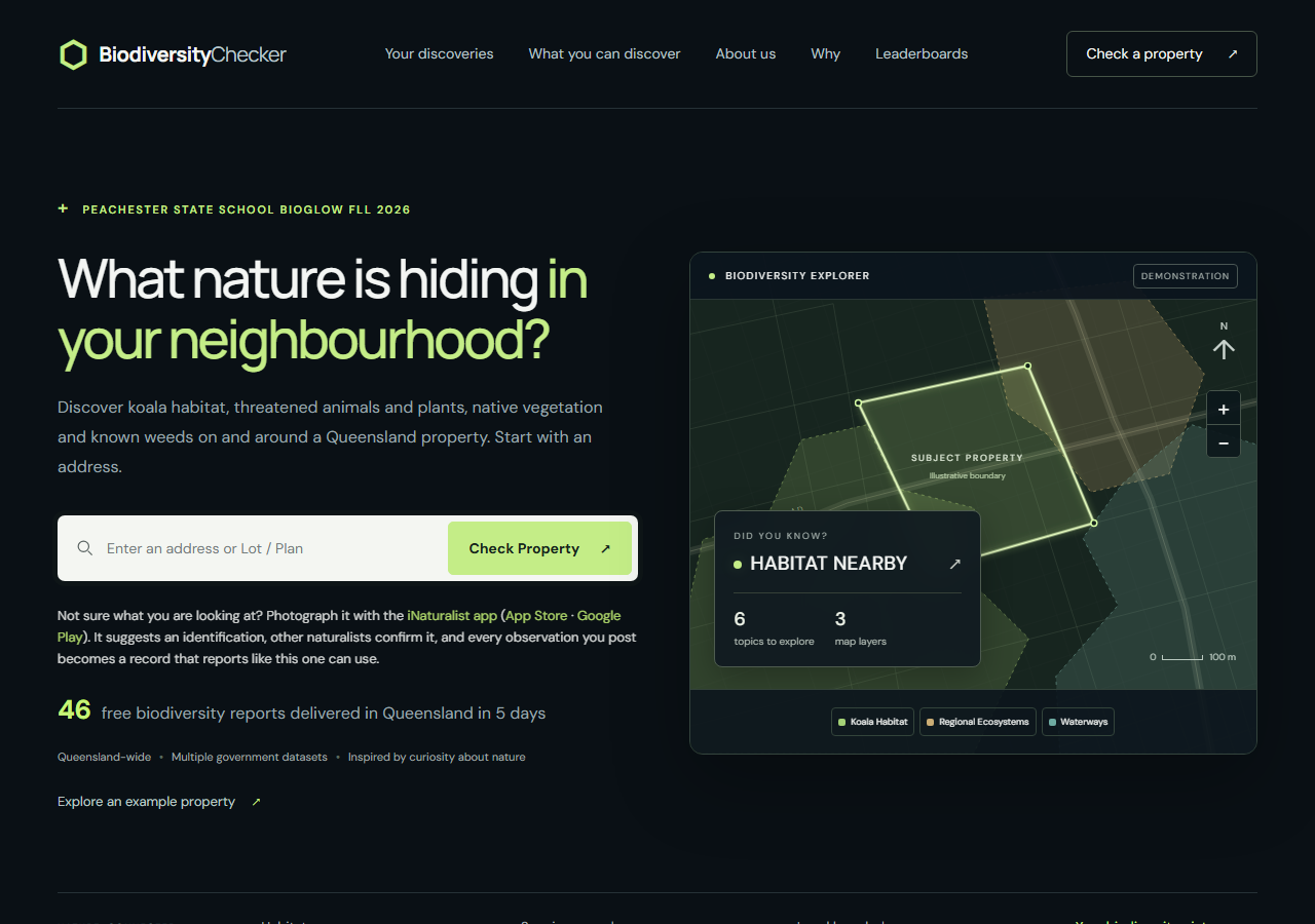 The biodiversitychecker.au home page with its address search box